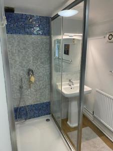 y baño con ducha y lavamanos. en The Totnes Guest House. Upstairs at Zappa's, en Totnes