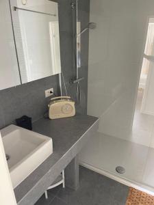 uma casa de banho com um lavatório, um chuveiro e um lavatório. em Recent en lichtrijk duplex-appartement te Wenduine em Wenduine