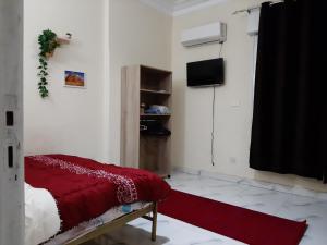 - une chambre avec un lit rouge et une télévision dans l'établissement Casa Do Cairo Downtown, au Caire