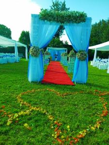 a set up for a wedding with a red carpet and blue curtains at INFINITE GREEN EVENTS GARDEN AND ACCOMMODATION in Dowsonville