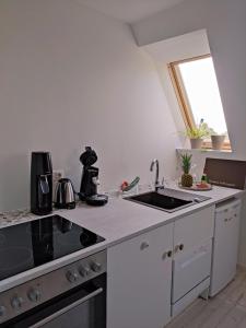 a white kitchen with a sink and a window at Watt in Karolinenkoog +26 photos
