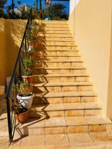 uma escada com vasos de plantas ao lado de um edifício em Το σπίτι που σε ταξιδεύει (The dream boat house). em Agia Galini