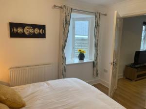 1 dormitorio con cama, ventana y TV en Modern The Mews Apartment en Bury Saint Edmunds