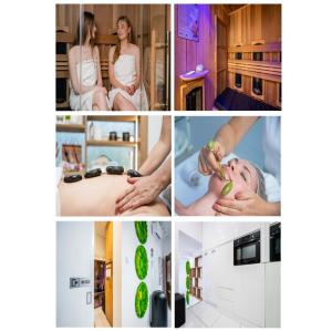 een collage van foto's van een zwangere vrouw in een badkamer bij BioKompas SPA Apartment in Wrocław