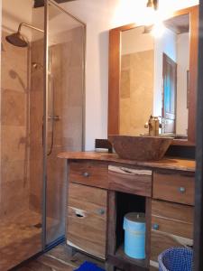 a bathroom with a sink and a shower at Ti Kaz Kafé - Charmante Case créole indépendante à St Leu in Saint-Leu