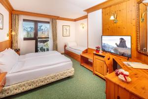 um quarto de hotel com uma cama e uma televisão de ecrã plano em Hotel Nigritella em Selva di Cadore