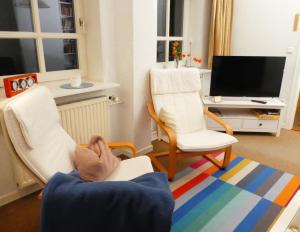una persona sentada en una silla en una sala de estar en Ferienwohnung Niemann in Lutterloh, en Unterlüß