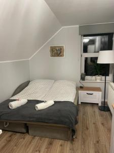 a bedroom with a bed with two pillows on it at Agroturystyka nad stawami in Szemud