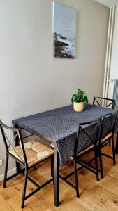 a black table with two chairs and a potted plant at Tranquillité in Vincennes