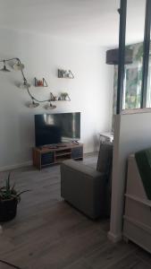 sala de estar con sofá y TV de pantalla plana en Le Maricou 120m2 totalement rénové terrasse 40m2, en Châtillon-en-Diois