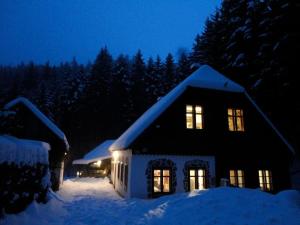 uma casa com luzes acesas na neve à noite em Gillausklause - eine Insel im Wald - Waldviertel 