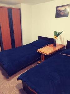 1 dormitorio con 2 camas y mesa de madera en camera cu baie, en Timisoara