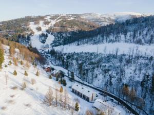 um trem está nos trilhos na neve em Apartament Solisko z widokiem na trasę narciarską - Dream Apart em Szczyrk