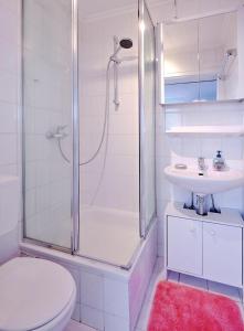 a bathroom with a shower and a toilet and a sink at Komfort Appartement Sylt - direkt am Strand - in Westerland (Sylt)