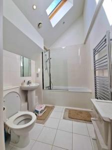 a bathroom with a toilet and a shower and a sink at Explore London: 2 Bedroom House in Wood Green in London
