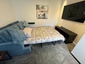 a living room with a bed and a blue couch at modern 1 bed apartment with car parking in Bitton