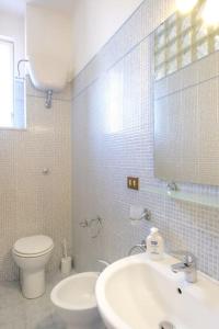 La salle de bains est pourvue d'un lavabo, de toilettes et d'un miroir. dans l'établissement Heart of Sorrento Apartment, à Sorrente