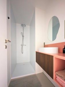 y baño con ducha y lavamanos. en Spacious and cosy apartment near Berchem Station, en Amberes