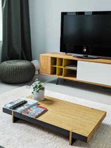 a living room with a tv and a coffee table at Spacious and cosy apartment near Berchem Station in Antwerp