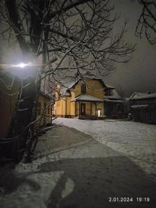 a light on a tree in a snowy yard at night at Dolistówka in Goniadz