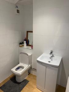 a white bathroom with a toilet and a sink at Angle90 apartments in London