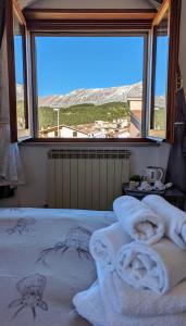 a bedroom with a bed with a large window at Gran Sasso Letizia BB in Filetto