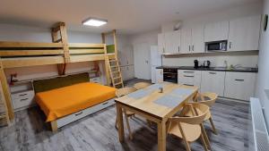 多尼蒙拉沃的住宿－Apartmány Marek a Michal，客房设有餐桌和双层床。