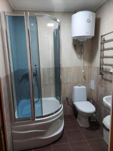 a bathroom with a shower and a toilet at Alfa in Kiliya