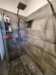 a shower with a glass door in a bathroom at Charmante maison, 40mn de Paris in Triel-sur-Seine