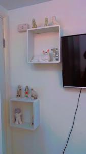a room with a tv and shelves with stuffed animals at CHATHAM GUEST HOUSE in Chatham