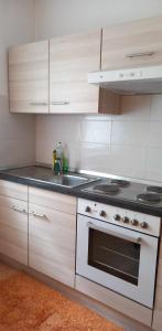 a white kitchen with a stove and a sink at Ferienwohnung Sabina in Bosanska Krupa +23 photos