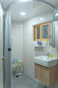 ein Bad mit einem Waschbecken und einer Dusche in der Unterkunft Soo Stay-4bed&Double Room, Hongdae, Sinchon 10min in Seoul