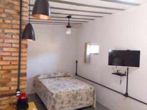 una camera da letto con un letto e una TV a parete di Bangalô Alto da Pedreira a Socorro Altre 123 foto