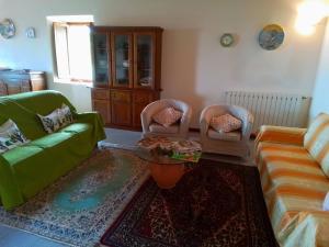 芬奇的住宿－Poderino La Noce，客厅配有绿色沙发和两把椅子