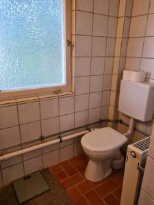 a bathroom with a toilet and a window at Kl. Cottage im Grünen, n. S-Bahn in Stuttgart