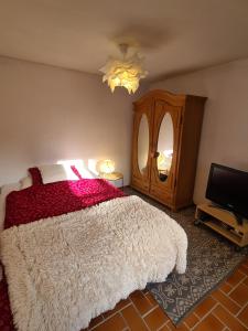 a bedroom with a large bed and a mirror at Kl. Cottage im Grünen, n. S-Bahn in Stuttgart