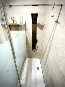 uma casa de banho com um chuveiro e uma porta de vidro em Appartement Propriano Corse du Sud Face à la Mer em Propriano