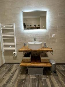 uma casa de banho com um lavatório e um espelho em Appartement Propriano Corse du Sud Face à la Mer em Propriano