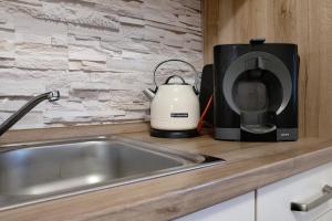 a kitchen counter with a sink and a toaster at Vogelsberger Bett 5 die 2 links in Alsfeld