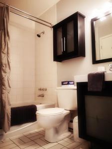 een badkamer met een toilet, een douche en een wastafel bij Condo sur 2 niveaux avec magnifique vue sur la montagne in Stoneham