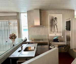 een keuken met een wastafel en een aanrecht met een raam bij art Ascona Design Attico in Ascona