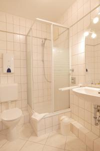 a bathroom with a shower and a toilet and a sink at Bändsel Herberge Kaffetiet - ABC363 in Wismar