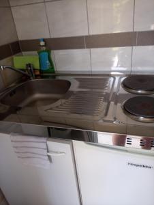 un bancone da cucina con lavello e fornello di Apartmani Seršić a Baška Altre 28 foto