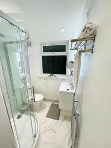 a bathroom with a shower and a toilet and a sink at Ravensbury Home in Mitcham