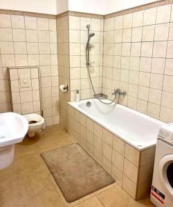 a bathroom with a bath tub and a toilet at Zen Apartman in Budakalász