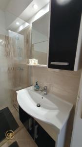 a bathroom with a white sink and a mirror at Apartment with SeaView and Garden for 6 in Portorož