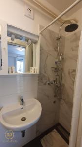 W łazience znajduje się umywalka i prysznic. w obiekcie Apartment with SeaView and Garden for 6 w Portorožu