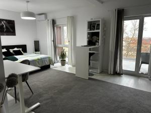 a white room with a bed and a desk in it at REEAS APARTAMENT 13 in Chişoda