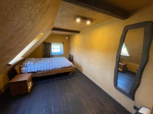 1 dormitorio con cama y espejo grande en Salu Jahimaja, en Soontaga