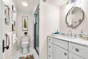 a bathroom with a toilet and a sink and a mirror at New2/2 Garden Apartment Historic in Savannah +28 photos